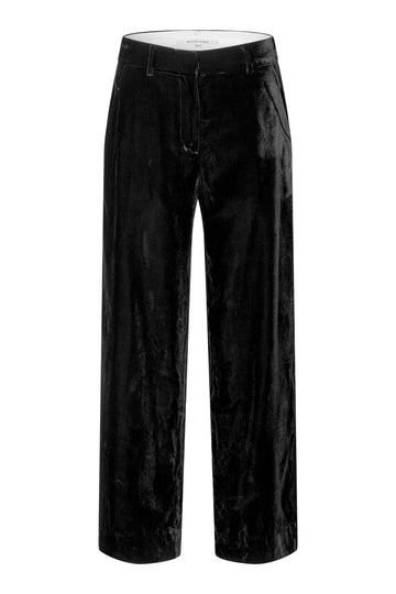 Black velvet wide-leg cropped pants shown on a plain white background.
