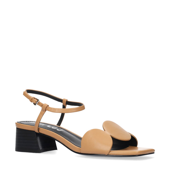 Tan sandal with black heel and strap on a white background