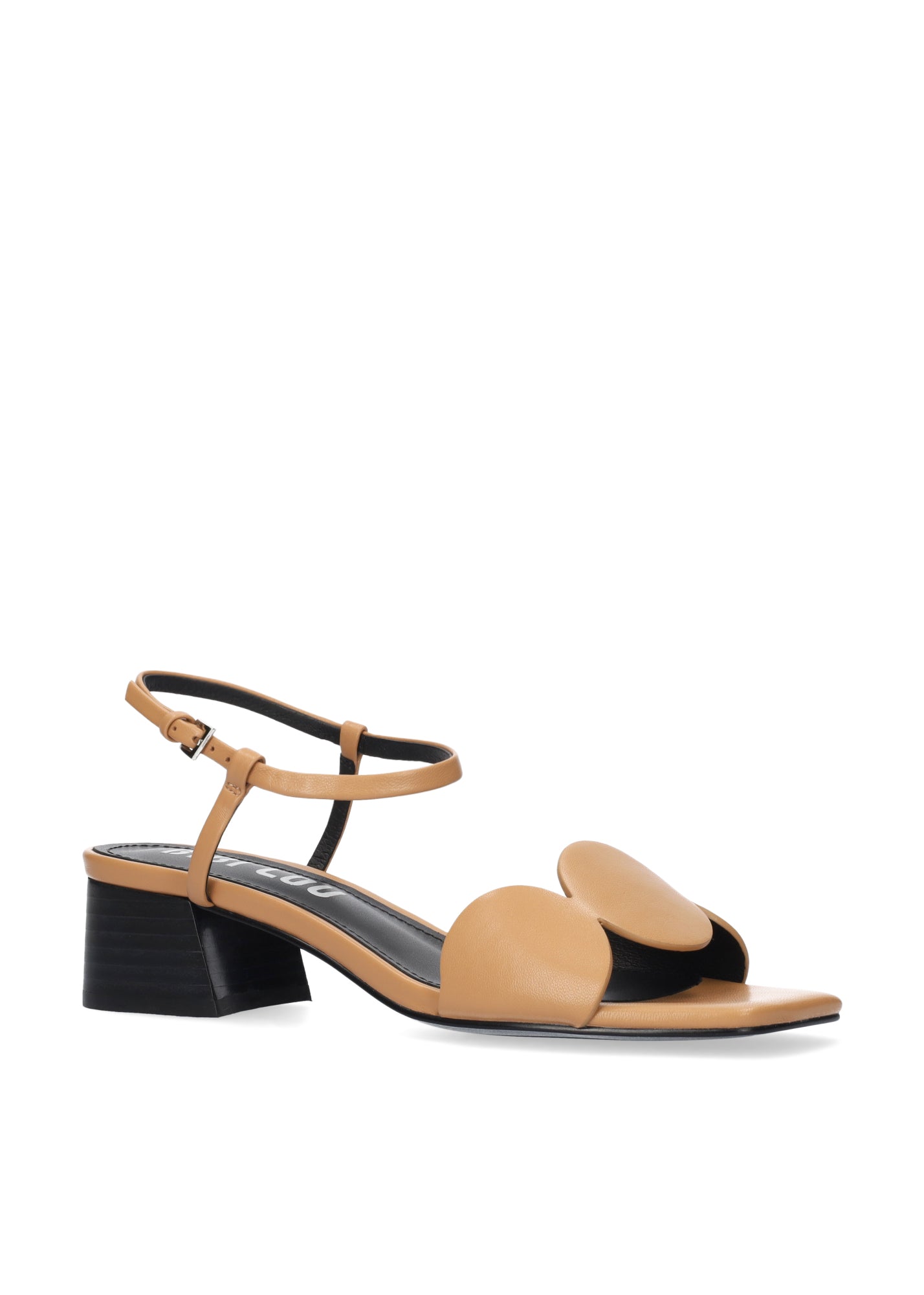 Tan sandal with black heel and strap on a white background
