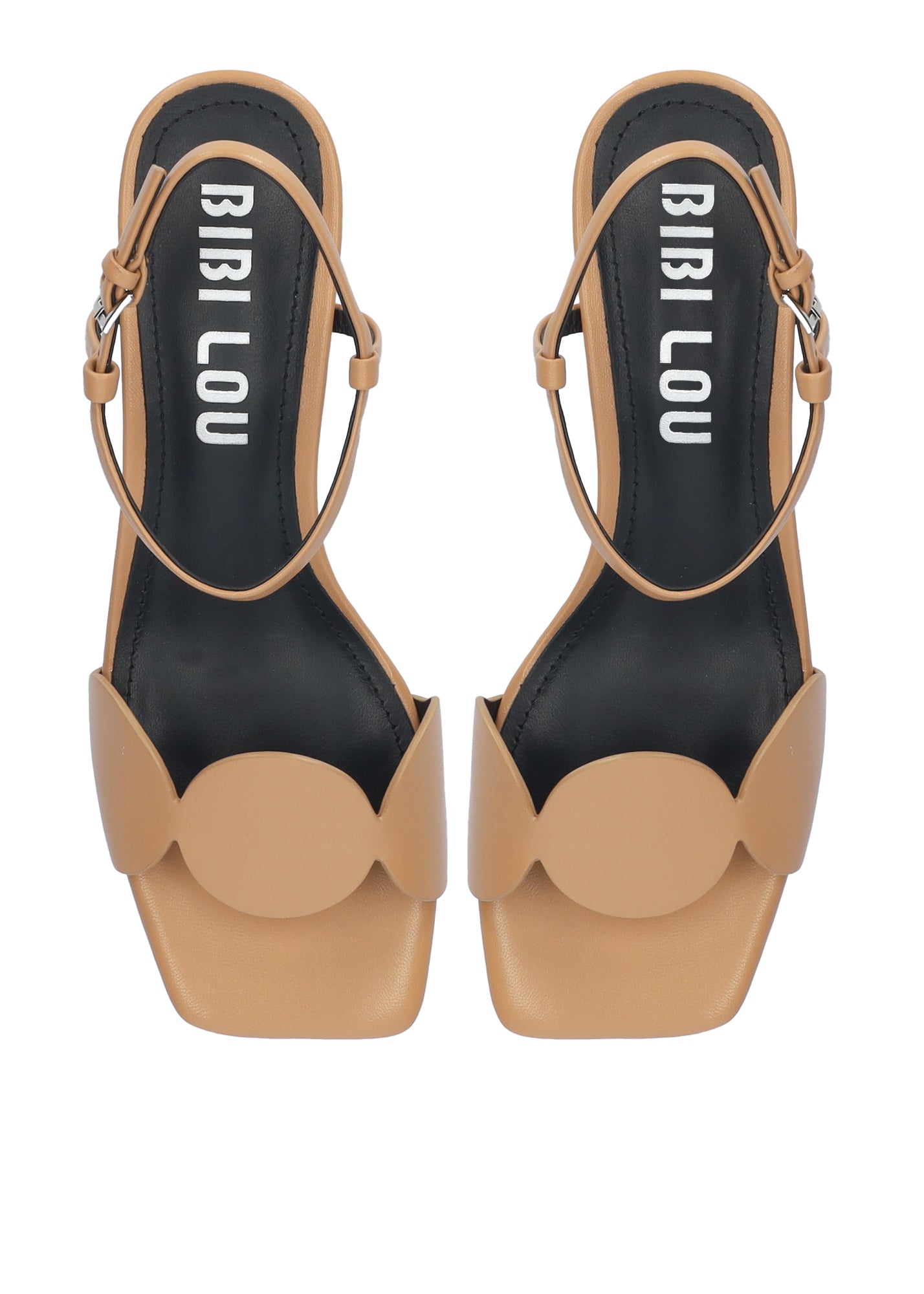 Tan high-heeled sandals with black soles and 'BIBI LOU' branding on a white background