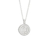 Silver necklace with a circular pendant on a white background