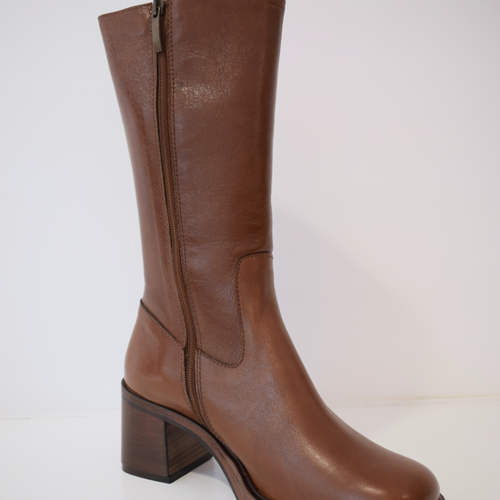 Chestnut brown medium length boot with round toe woodne block heel and wooden platform sole with inner zip fastening