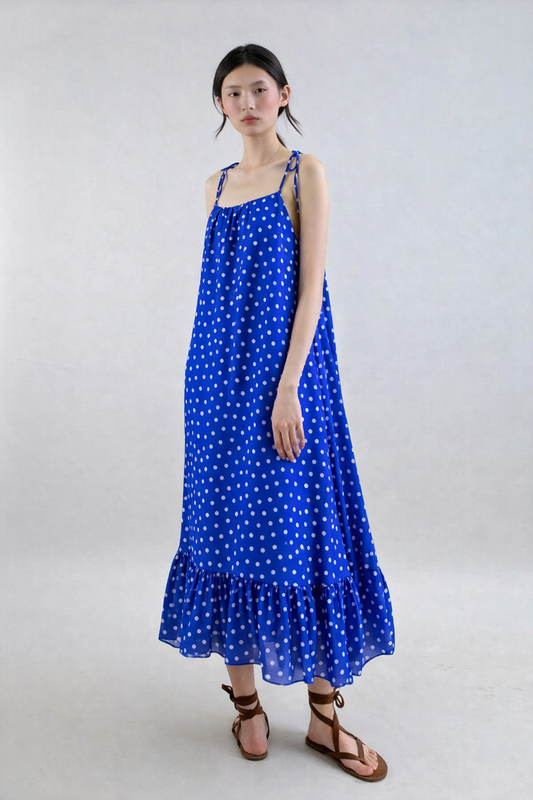 Woman wearing a blue polka dot dress on a white background