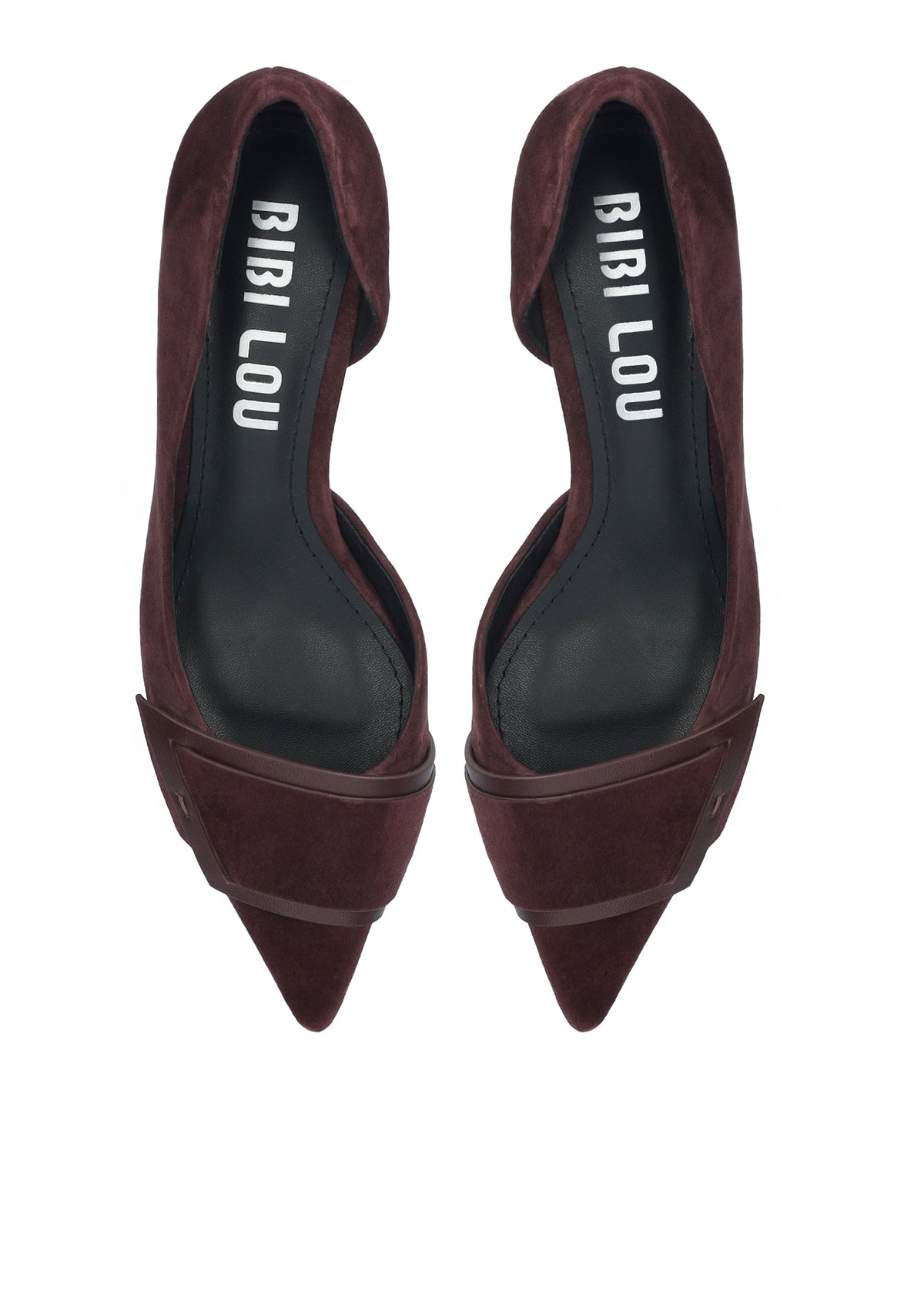 A pair of pointed-toe pumps in deep burgundy suede, shown from a top-down view on a white background. The brand name 'BIBI LOU' is printed in white on the black insoles.