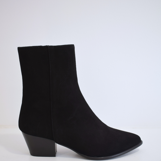 Black suede ankle boot with western block heel