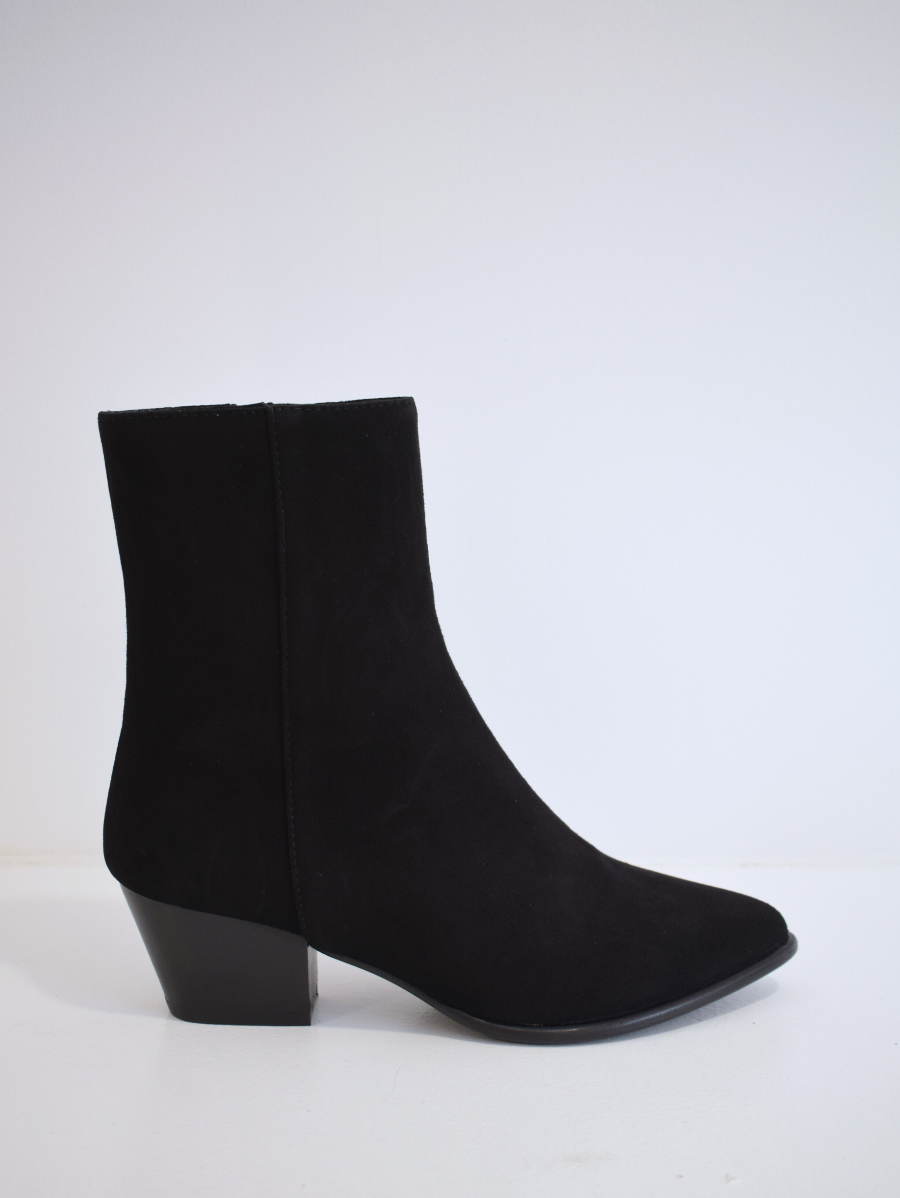 Black suede ankle boot with western block heel