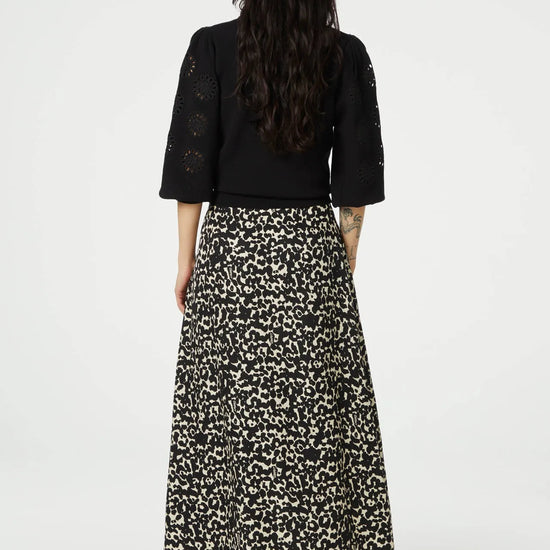 Black and ecru cat print A line maxi skirt with side full length button fastening