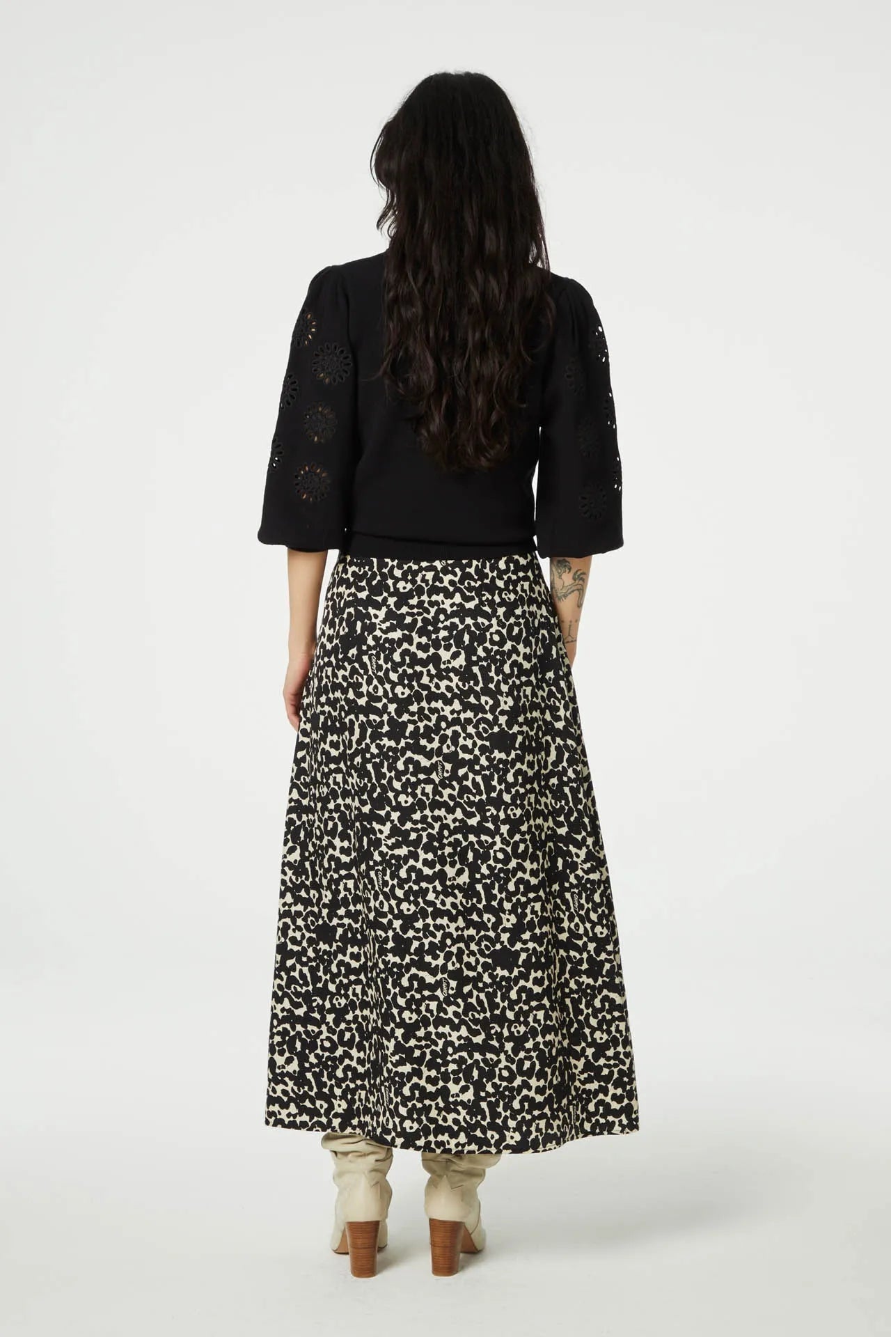 Black and ecru cat print A line maxi skirt with side full length button fastening