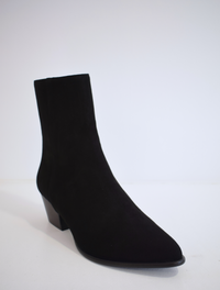 Black suede ankle boot with western block heel