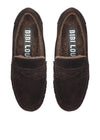 A pair of dark brown suede slip-on loafers with a plush brown faux-fur lining, shown from a top-down view on a white background. The brand name 'BIBI LOU' is visible on the insole.