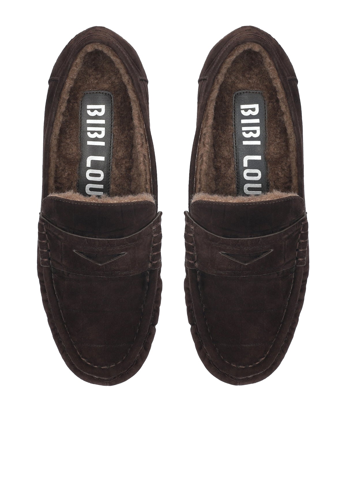 A pair of dark brown suede slip-on loafers with a plush brown faux-fur lining, shown from a top-down view on a white background. The brand name 'BIBI LOU' is visible on the insole.