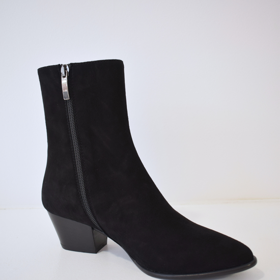 Black suede ankle boot with western block heel