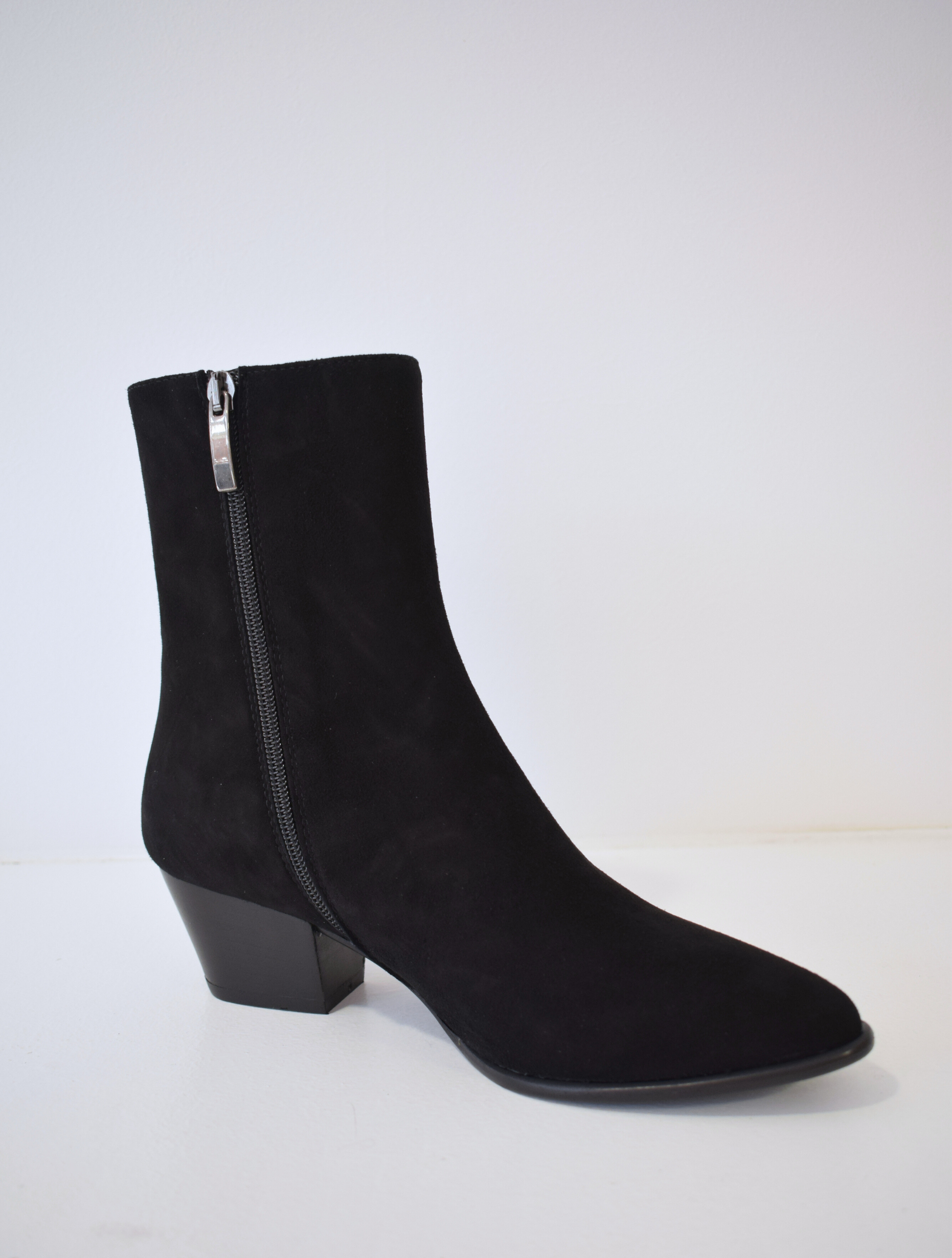 Black suede ankle boot with western block heel