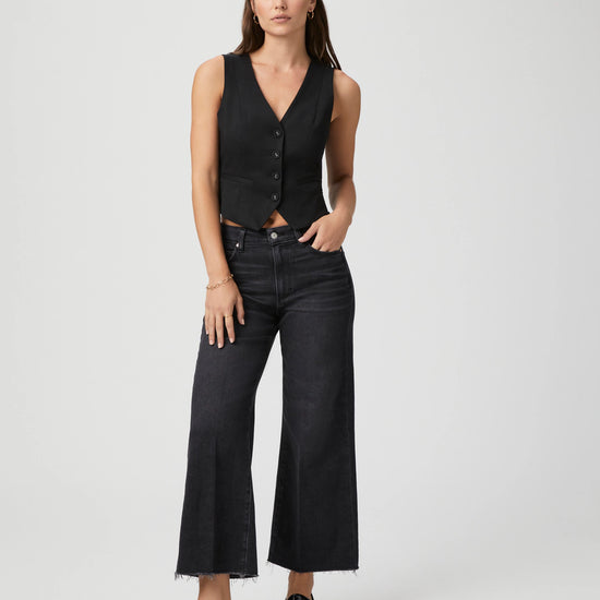 wide leg black jeans with raw hem and high waist