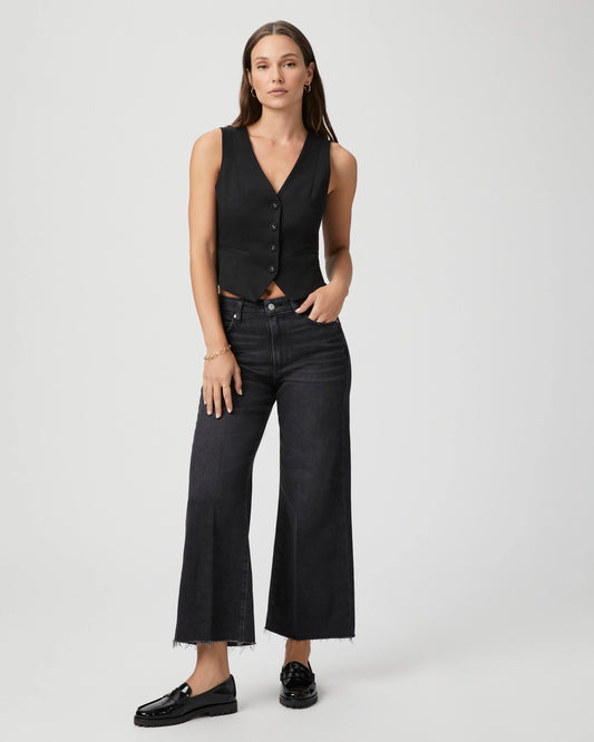 wide leg black jeans with raw hem and high waist