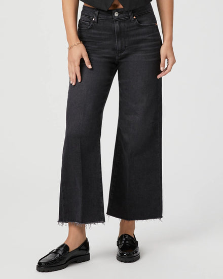 wide leg black jeans with raw hem and high waist close up