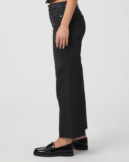 wide leg black jeans with raw hem and high waist side view 