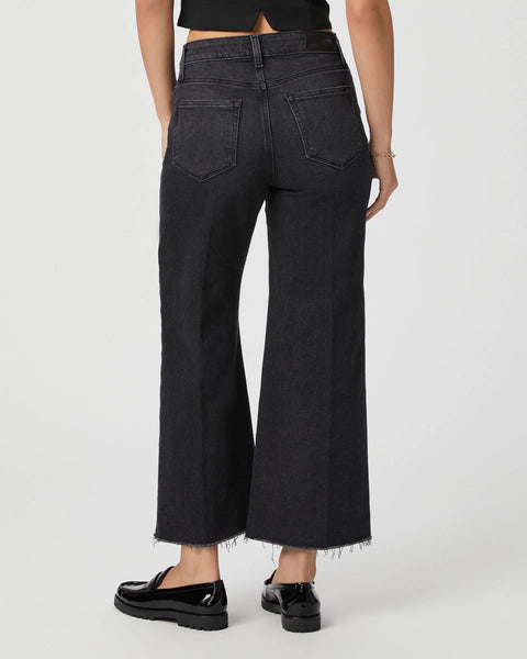 wide leg black jeans with raw hem and high waist rear view