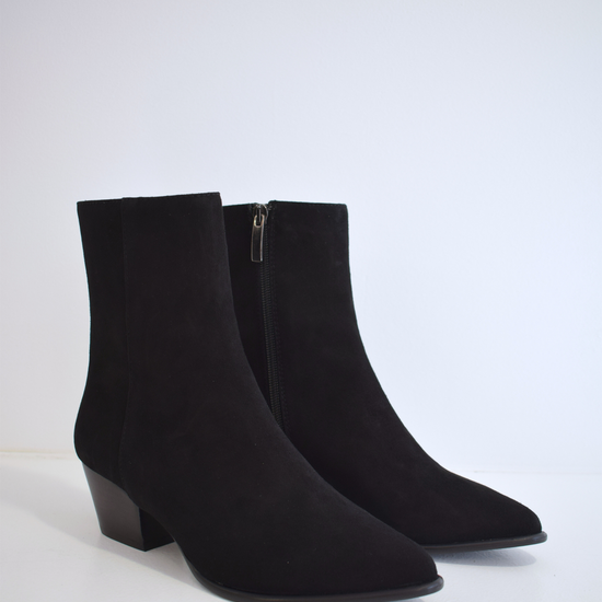 Black suede ankle boot with western block heel