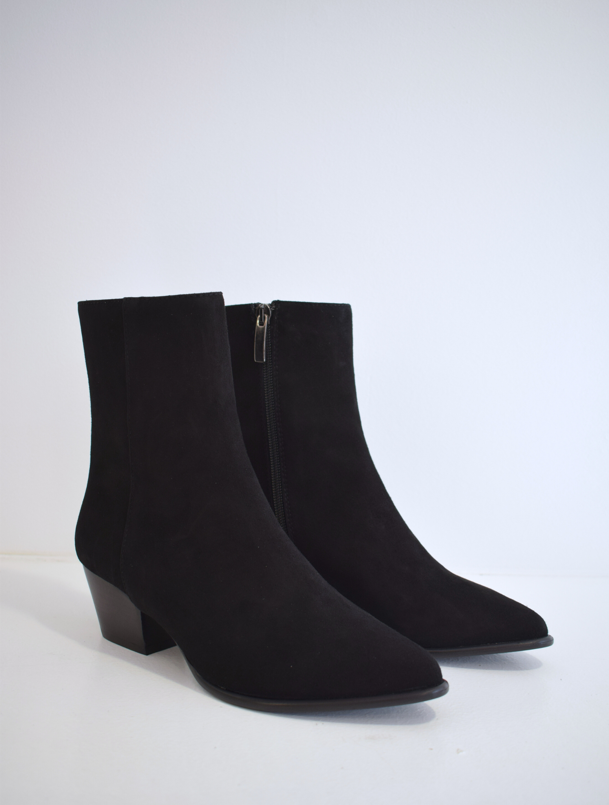 Black suede ankle boot with western block heel