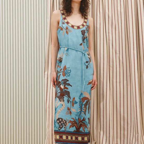 scoop neck blue print sleeveless midi dress from alemais