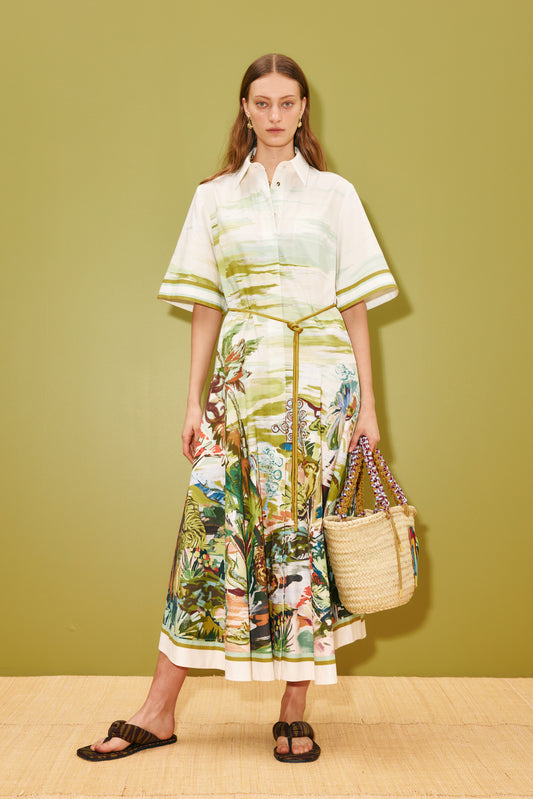 elbow length sleeve midi shirt dress with colourful print on a white base from alemais 