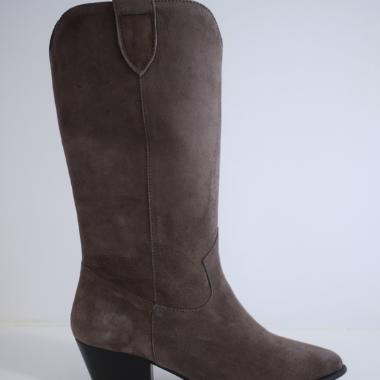 Dark taupe grey mid length cowboy inspired boot