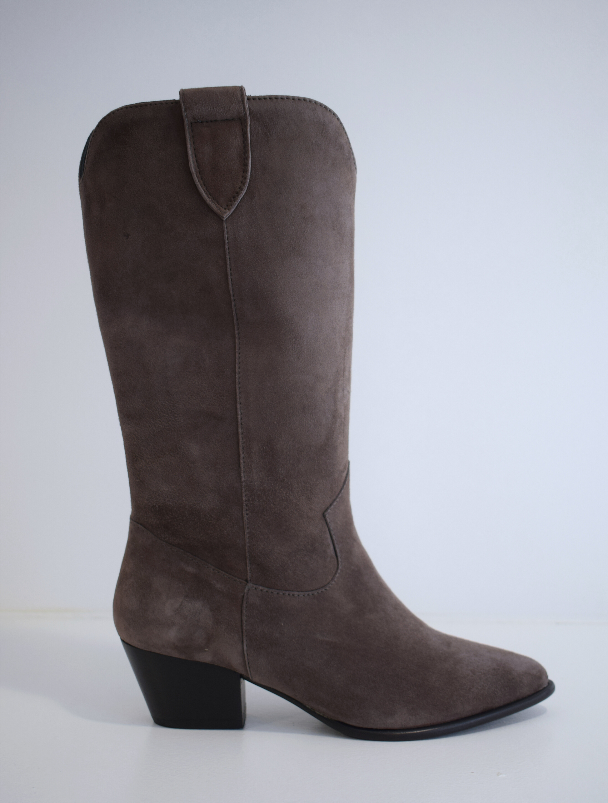 Dark taupe grey mid length cowboy inspired boot