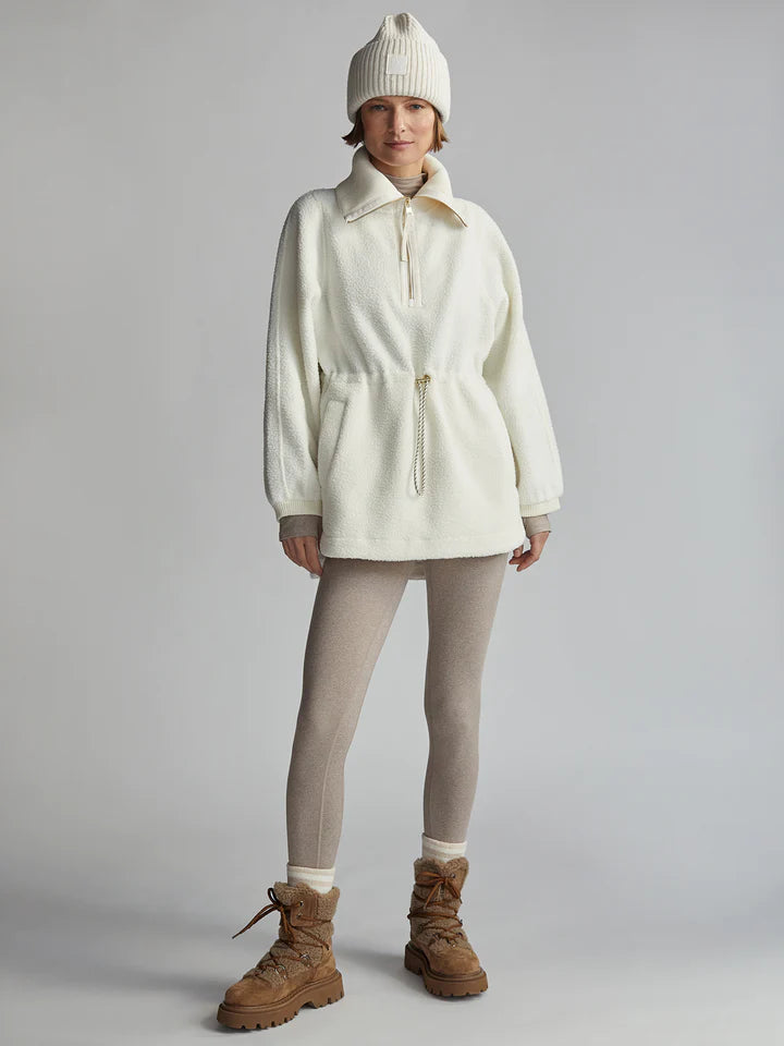 Winter white fleece jacket with half zip fastening and drawstring rope waist fastening