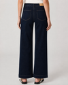 model shot of the back of a dark denim pair of jeans on a plain white background 
