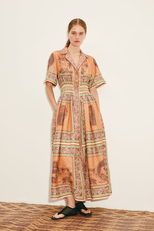 smocked waist elbow length sleeve maxi dress with colourful pattern from alemais