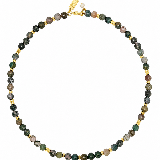 A beaded necklace made of small round natural stone beads in earthy green, brown, gray, and black tones, separated by small gold spacer beads and a gold clasp, shown on a plain white background.