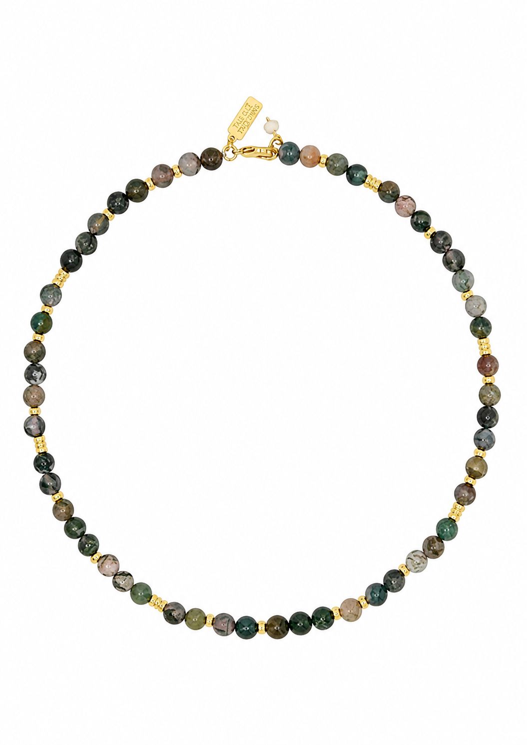 A beaded necklace made of small round natural stone beads in earthy green, brown, gray, and black tones, separated by small gold spacer beads and a gold clasp, shown on a plain white background.
