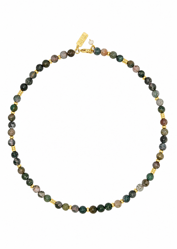 A beaded necklace made of small round natural stone beads in earthy green, brown, gray, and black tones, separated by small gold spacer beads and a gold clasp, shown on a plain white background.