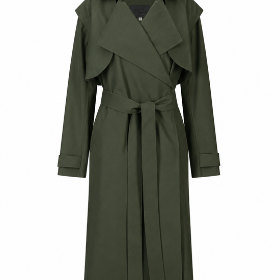 An olive green trench coat with a wide collar, wrap-style front, long sleeves, and a matching waist tie, shown on a plain white background.