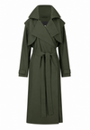 An olive green trench coat with a wide collar, wrap-style front, long sleeves, and a matching waist tie, shown on a plain white background.