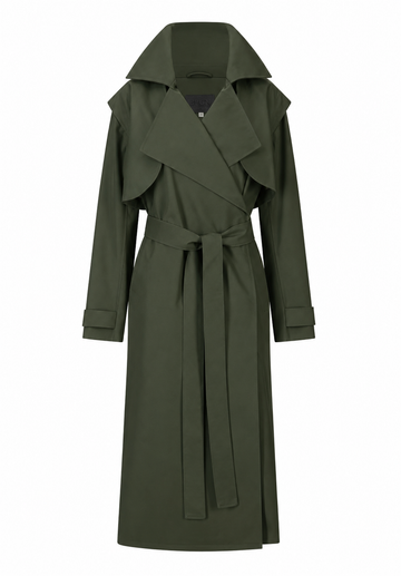 An olive green trench coat with a wide collar, wrap-style front, long sleeves, and a matching waist tie, shown on a plain white background.