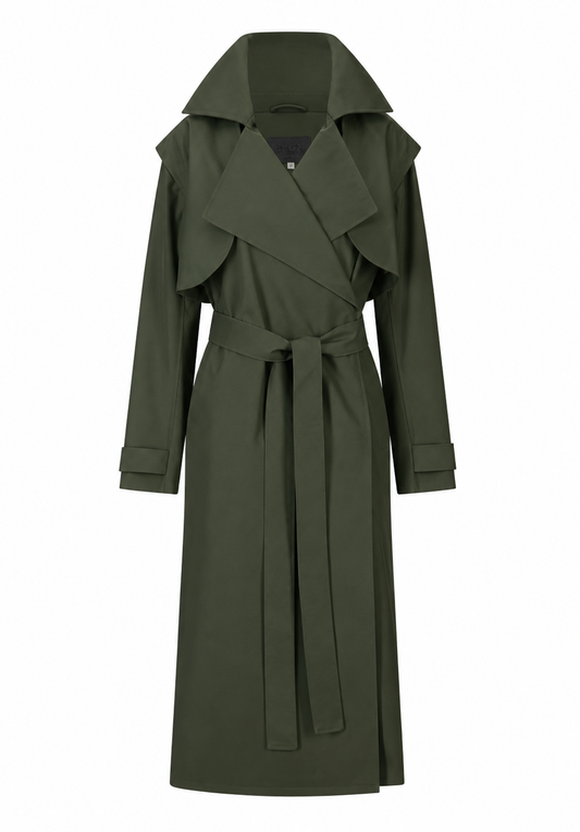 An olive green trench coat with a wide collar, wrap-style front, long sleeves, and a matching waist tie, shown on a plain white background.