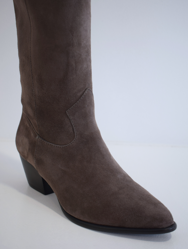 Dark taupe grey mid length cowboy inspired boot