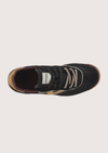 A black suede and mesh low-top sneaker with tan side panels, burgundy lining, and a cream midsole, shown from a side profile on a light gray background.