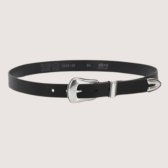 Black belt with silver buckle on a light gray background