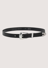 Black belt with silver buckle on a light gray background