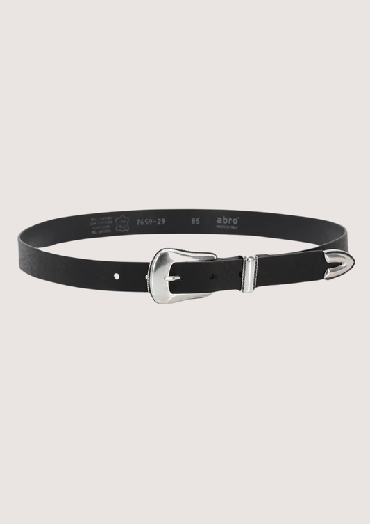 Black belt with silver buckle on a light gray background