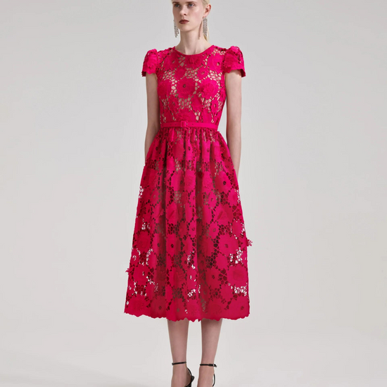  Raspberry pink lace midi dress with fitted bodice capped sleeves and tulip shaped skirt with detachable slip and fabric belt