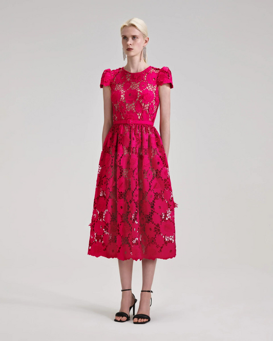  Raspberry pink lace midi dress with fitted bodice capped sleeves and tulip shaped skirt with detachable slip and fabric belt