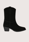 A black suede western-style ankle boot with a low block heel, shown from a side profile against a light beige background.