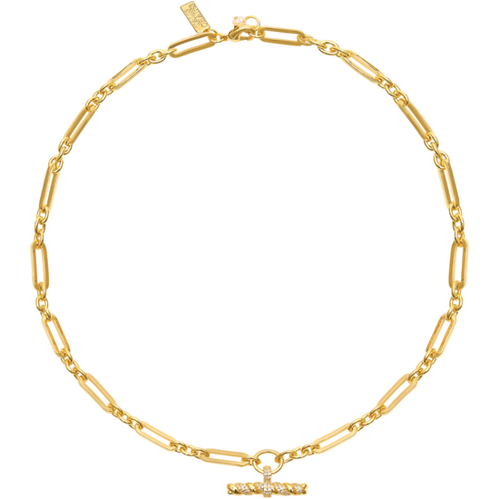gold link necklace with cz t bar pendant