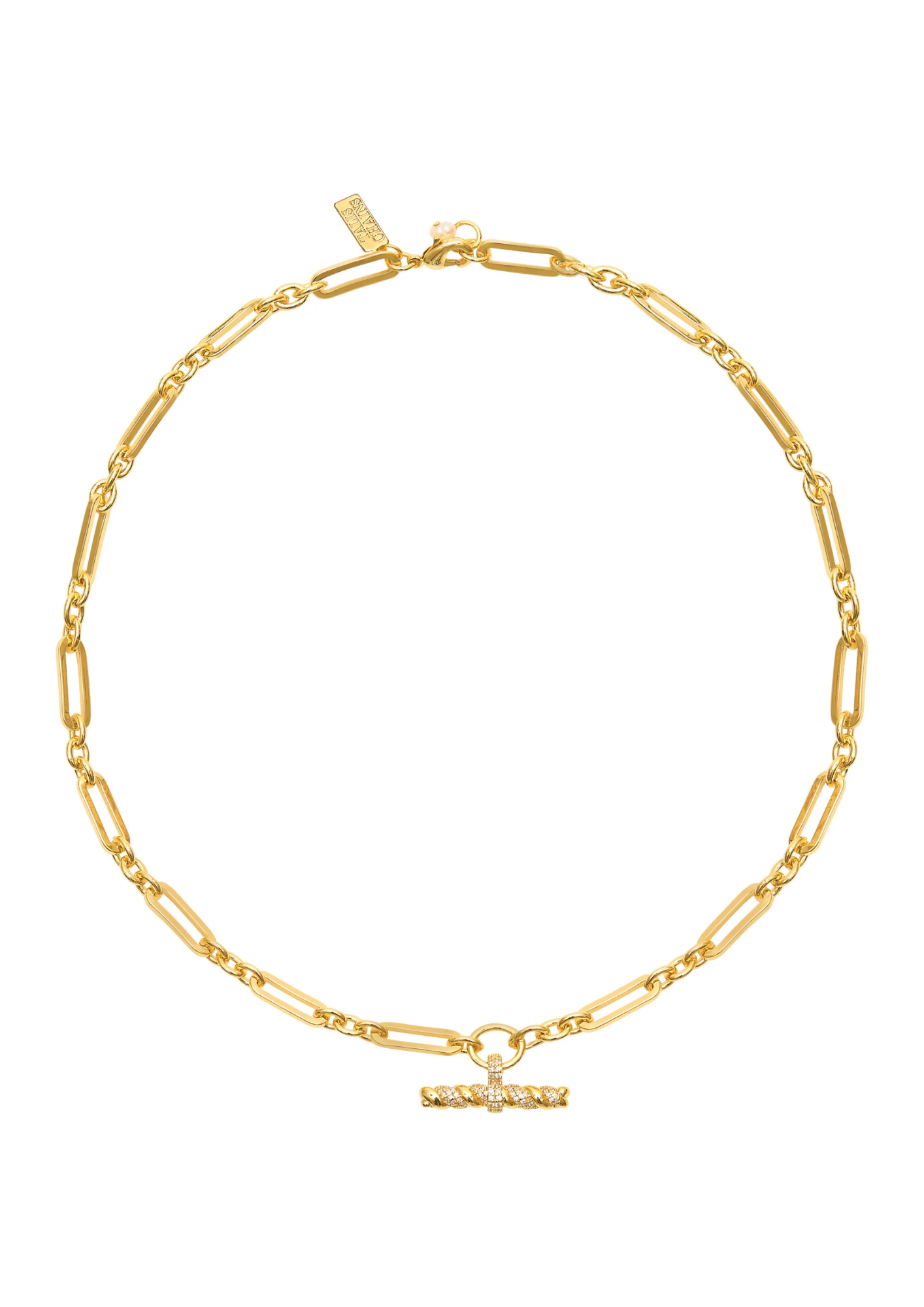 gold link necklace with cz t bar pendant