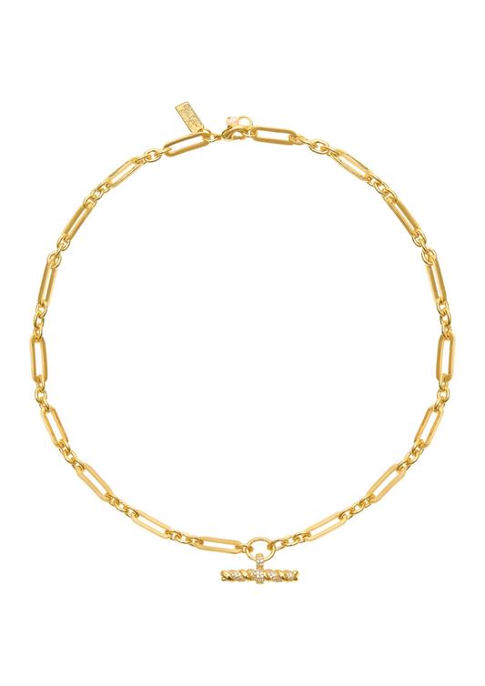 gold link necklace with cz t bar pendant
