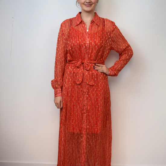 Orange and gold thread maxi sheer shirt dress with tie waist